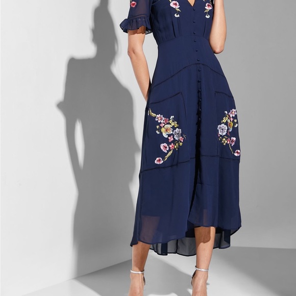 HOPE & IVY Dress Claudine Maxi Navy Chiffon Floral Embroidery NWT Sz 8 - Picture 3 of 14